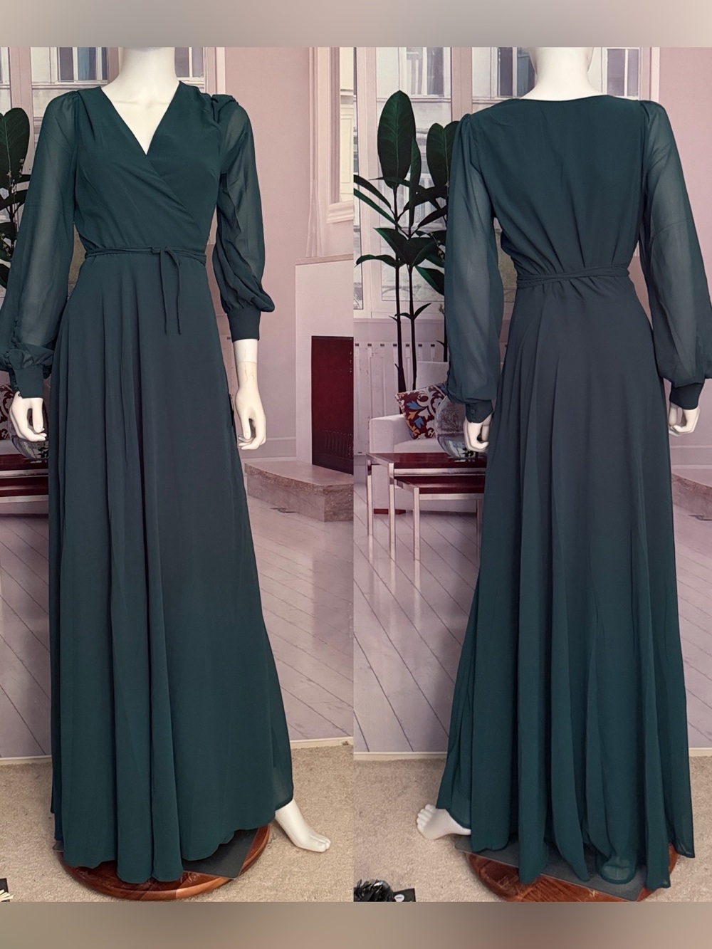 Lulus My Whole Heart Emerald Green Long Sleeve Wrap Dress. Size L - Picture 6 of 10
